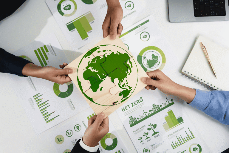 Hands assembling puzzle piece over sustainability charts
